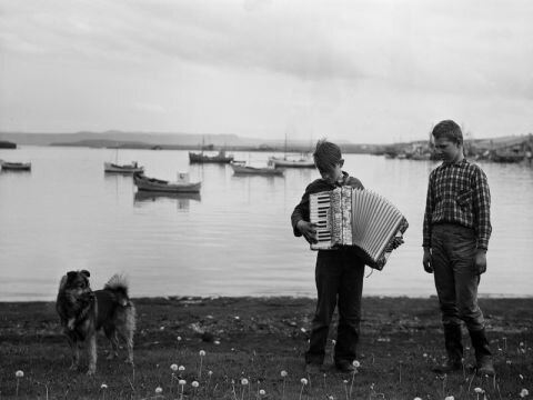 Á ljósmynd Guðna Þórðarsonar má sjá harmonikkuleik á Raufarhöfn. Harmónikkuleikarinn er Agnar Víðir Indriðason, nú útgerðarmaður á Raufarhöfn og áheyrandinn er Kristján Sigfússon, nú búsettur á Þórshöfn. Hundurinn er trúlega Héppi heitinn í Sandgerði. 1956. Frumprent.